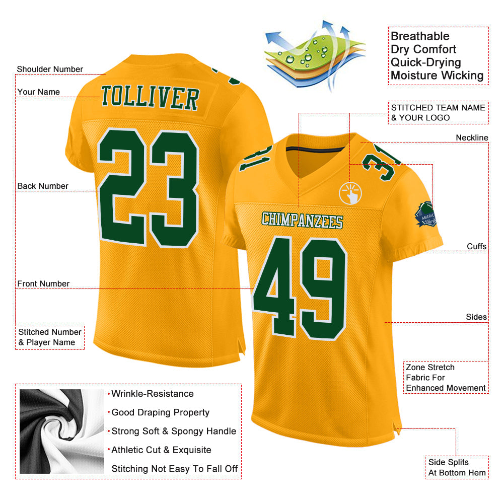 Custom Gold Green-White Mesh Authentic Football Jersey view 2
