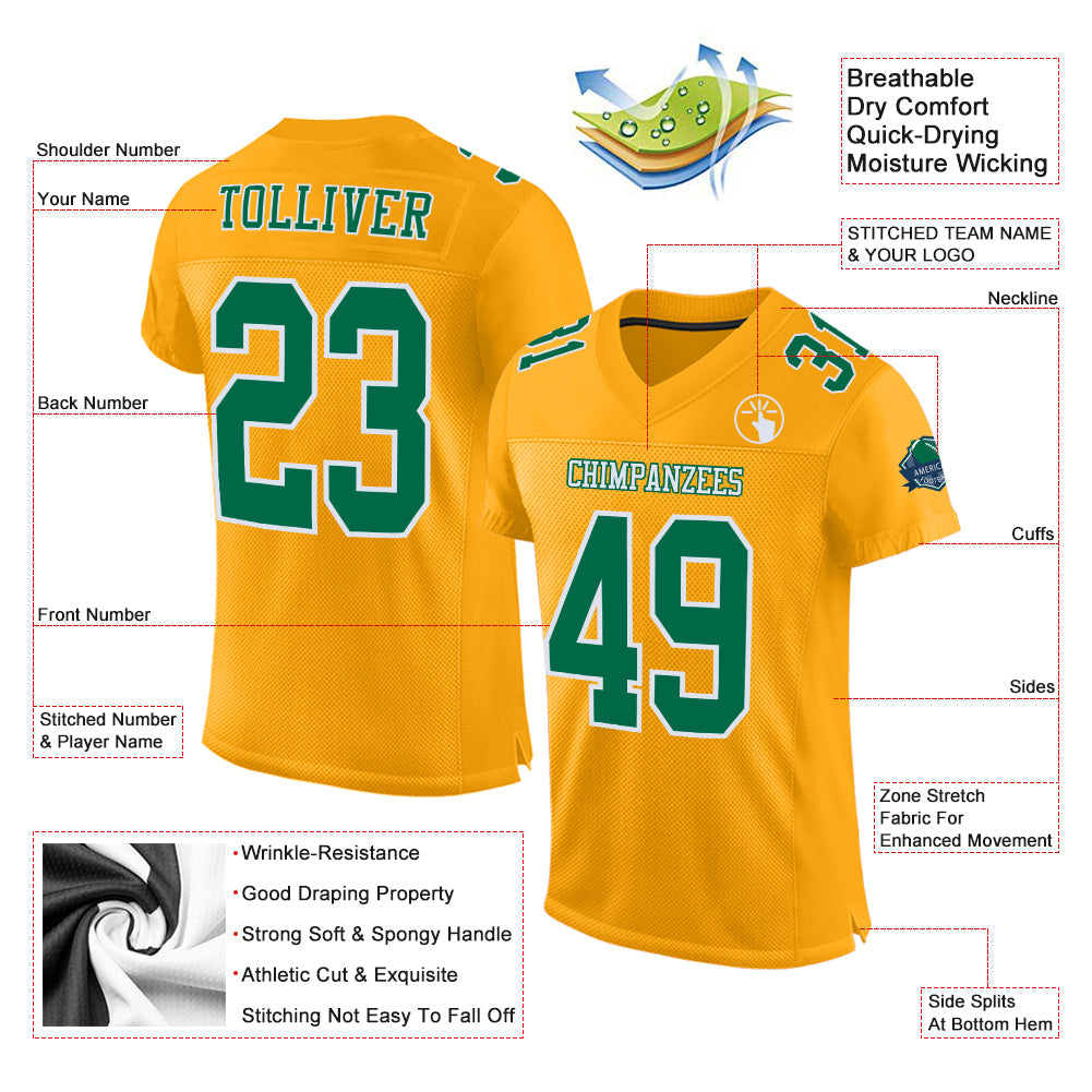 Custom Gold Kelly Green-White Mesh Authentic Football Jersey view 2
