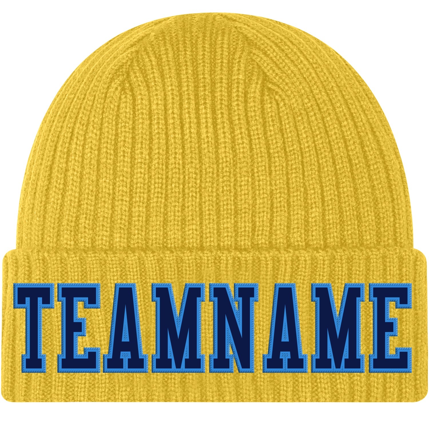 Custom Gold Navy-Powder Blue Stitched Cuffed Knit Hat - Main View