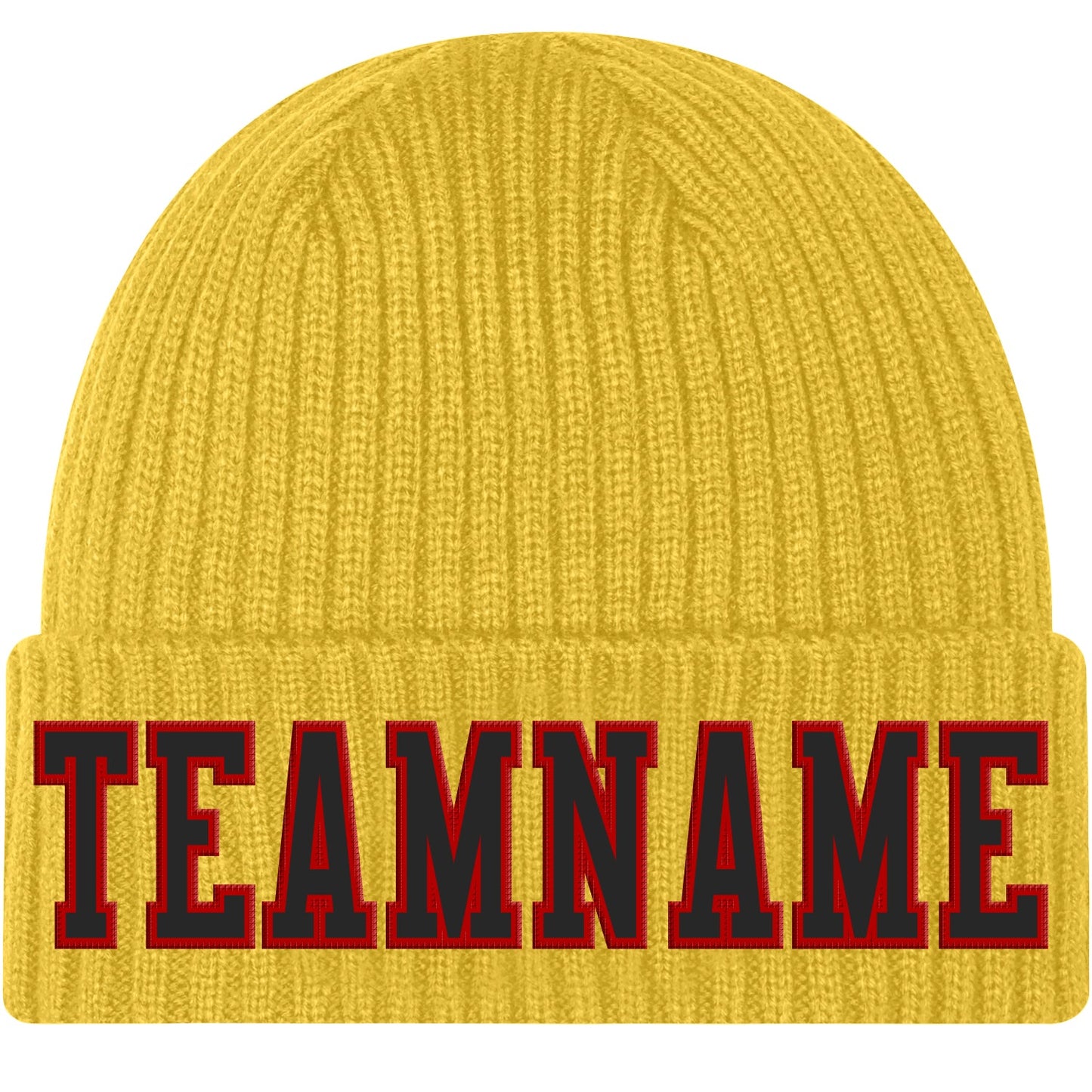 Custom Gold Black-Red Stitched Cuffed Knit Hat - Main View