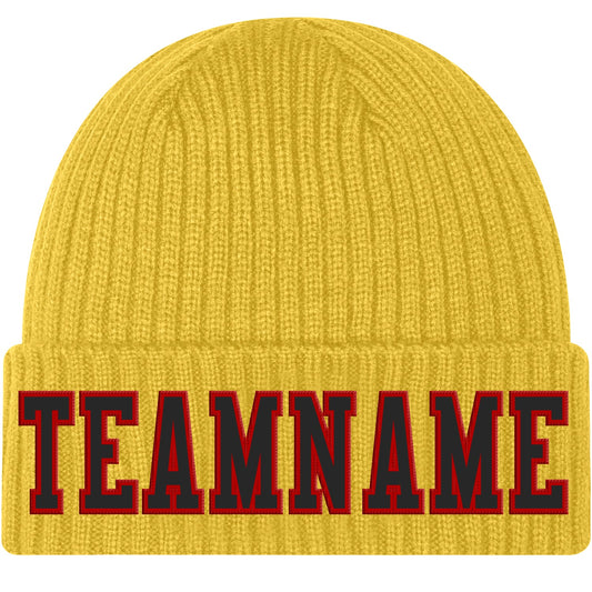 Custom Gold Black-Red Stitched Cuffed Knit Hat - Main View