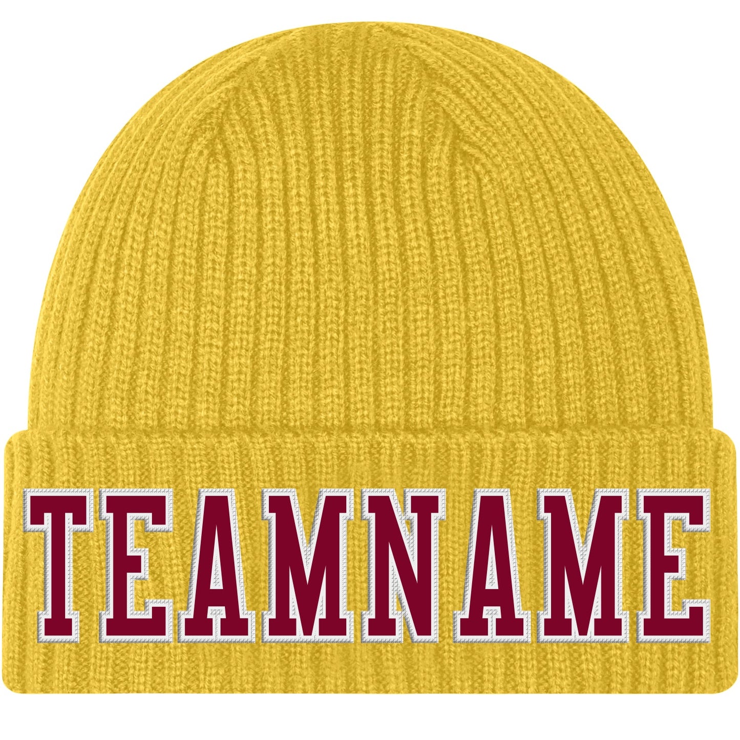 Custom Gold Maroon-White Stitched Cuffed Knit Hat - Main View