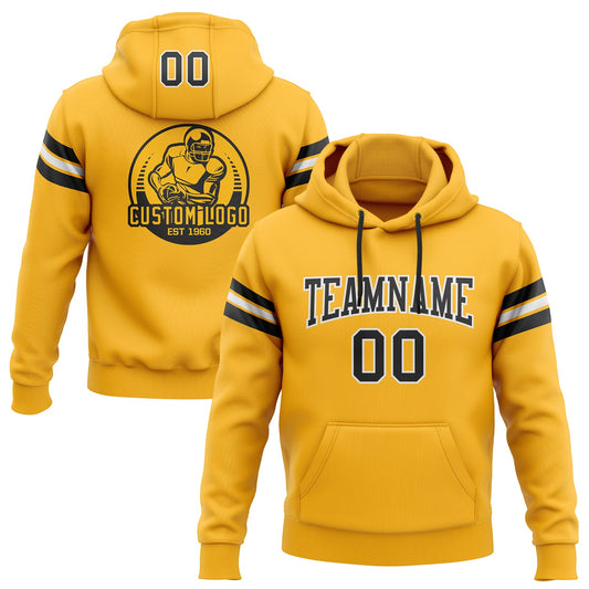 Custom Stitched Gold Black-White Football Pullover Sweatshirt Hoodie - Main View