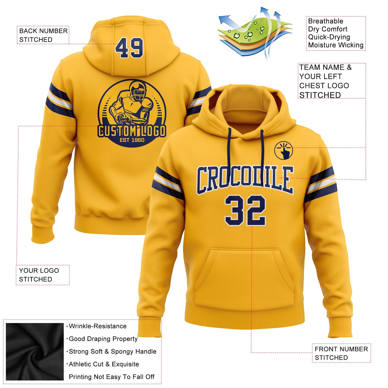 Custom Stitched Gold Navy-White Football Pullover Sweatshirt Hoodie view 2