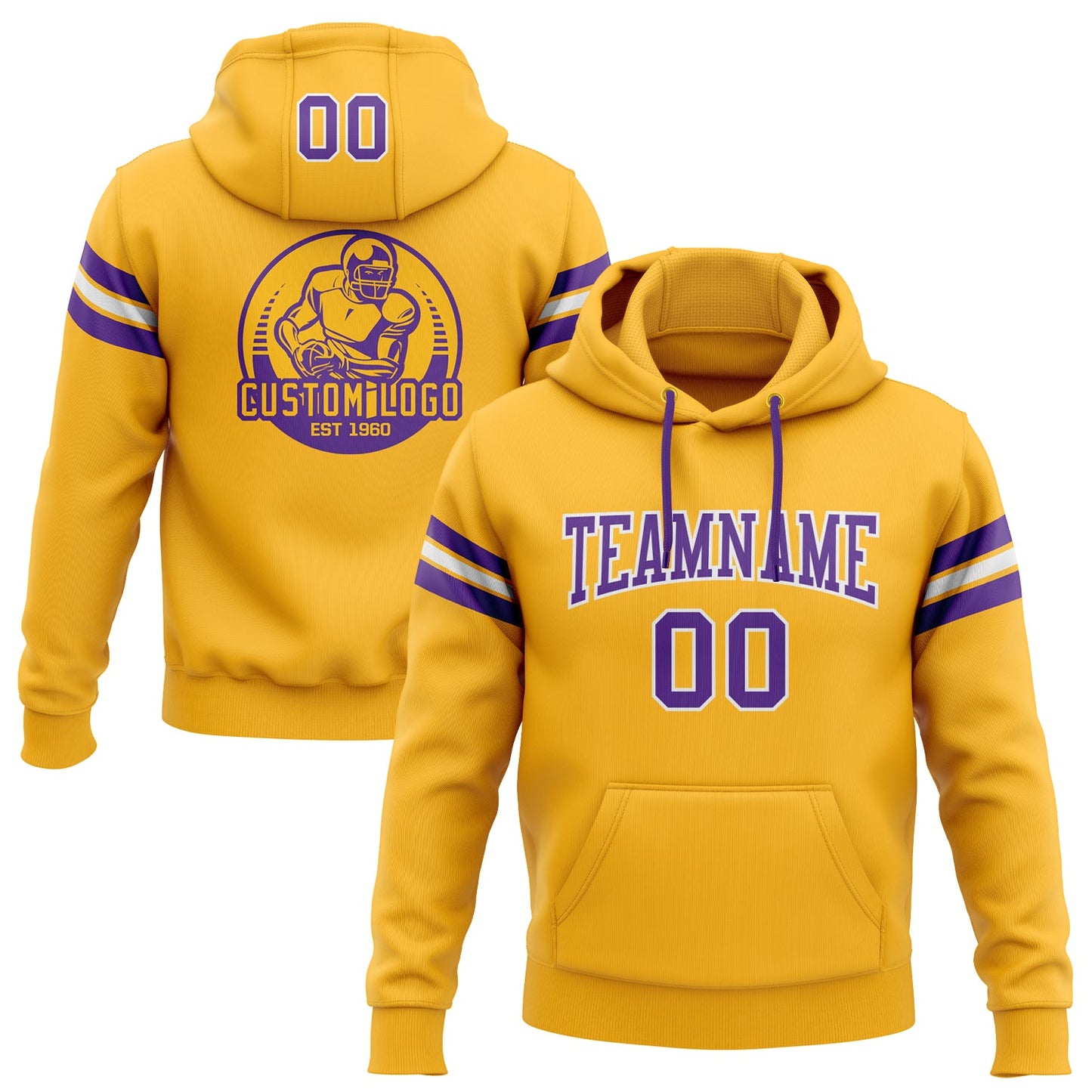 Custom Stitched Gold Purple-White Football Pullover Sweatshirt Hoodie - Main View