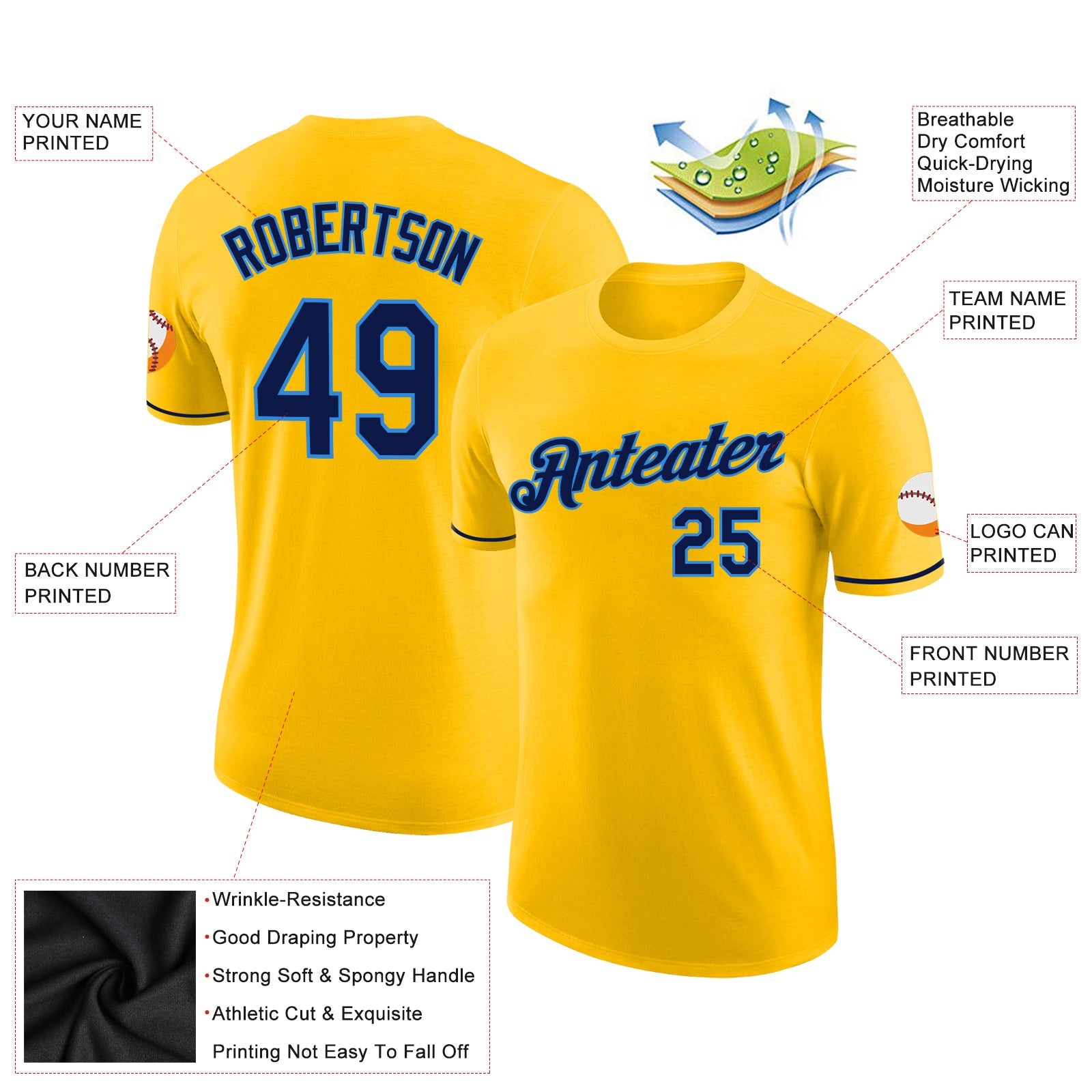 Custom Gold Navy-Powder Blue Performance T-Shirt view 2