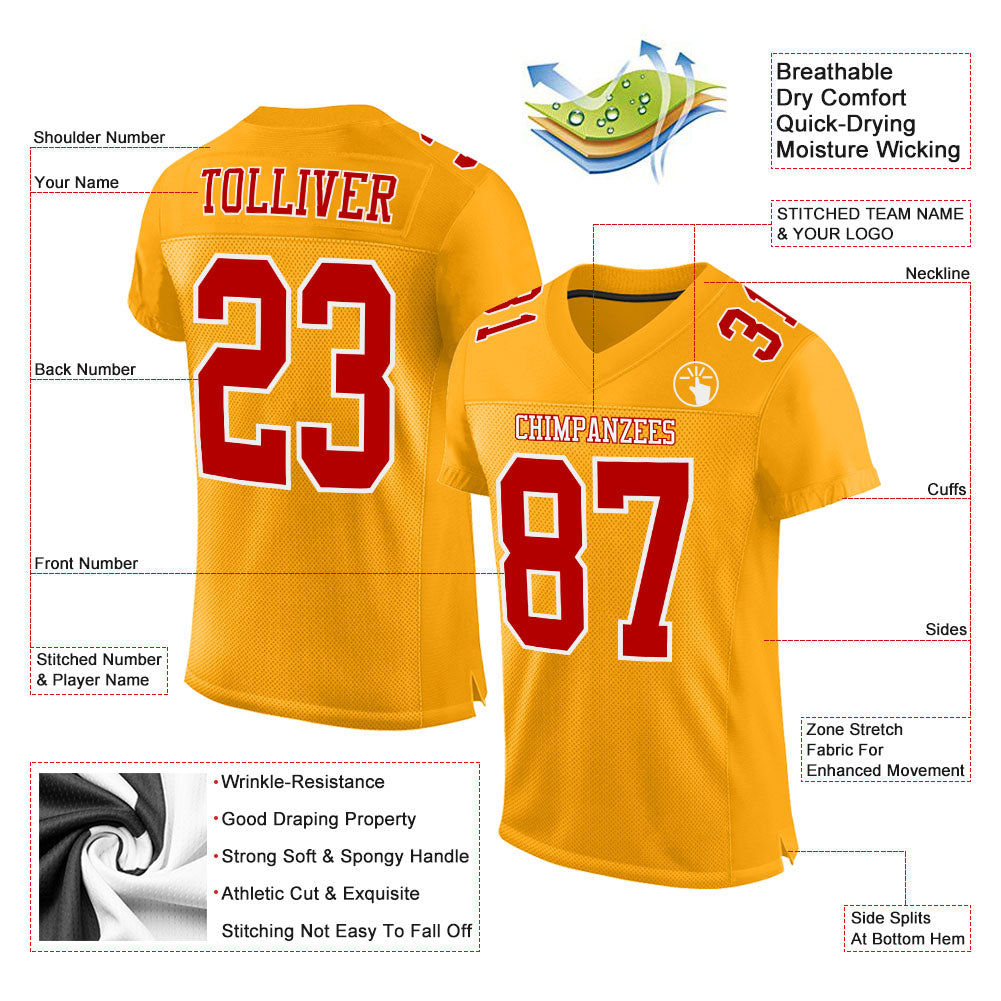 Custom Gold Red-White Mesh Authentic Football Jersey view 2