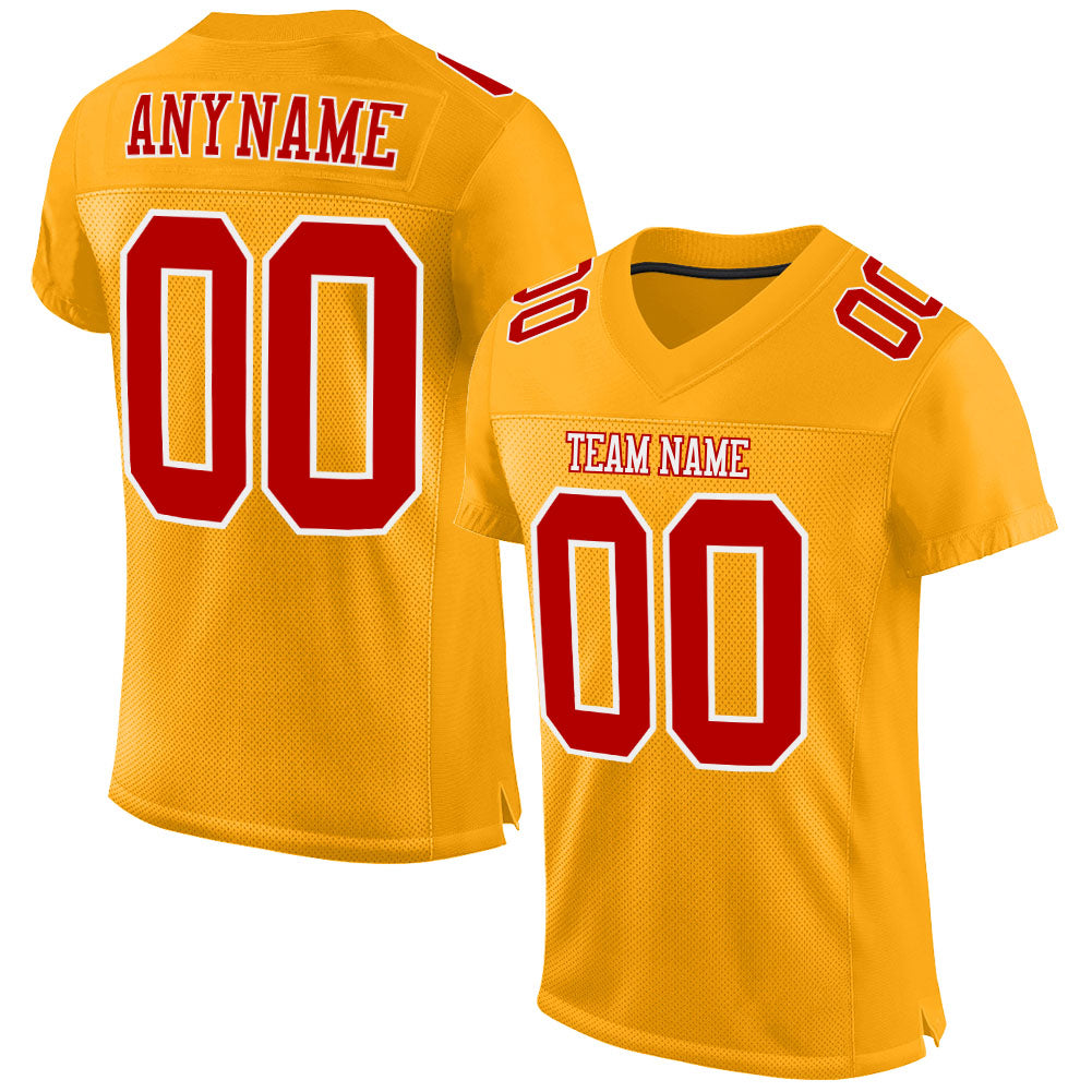 Custom Gold Red-White Mesh Authentic Football Jersey - Main View
