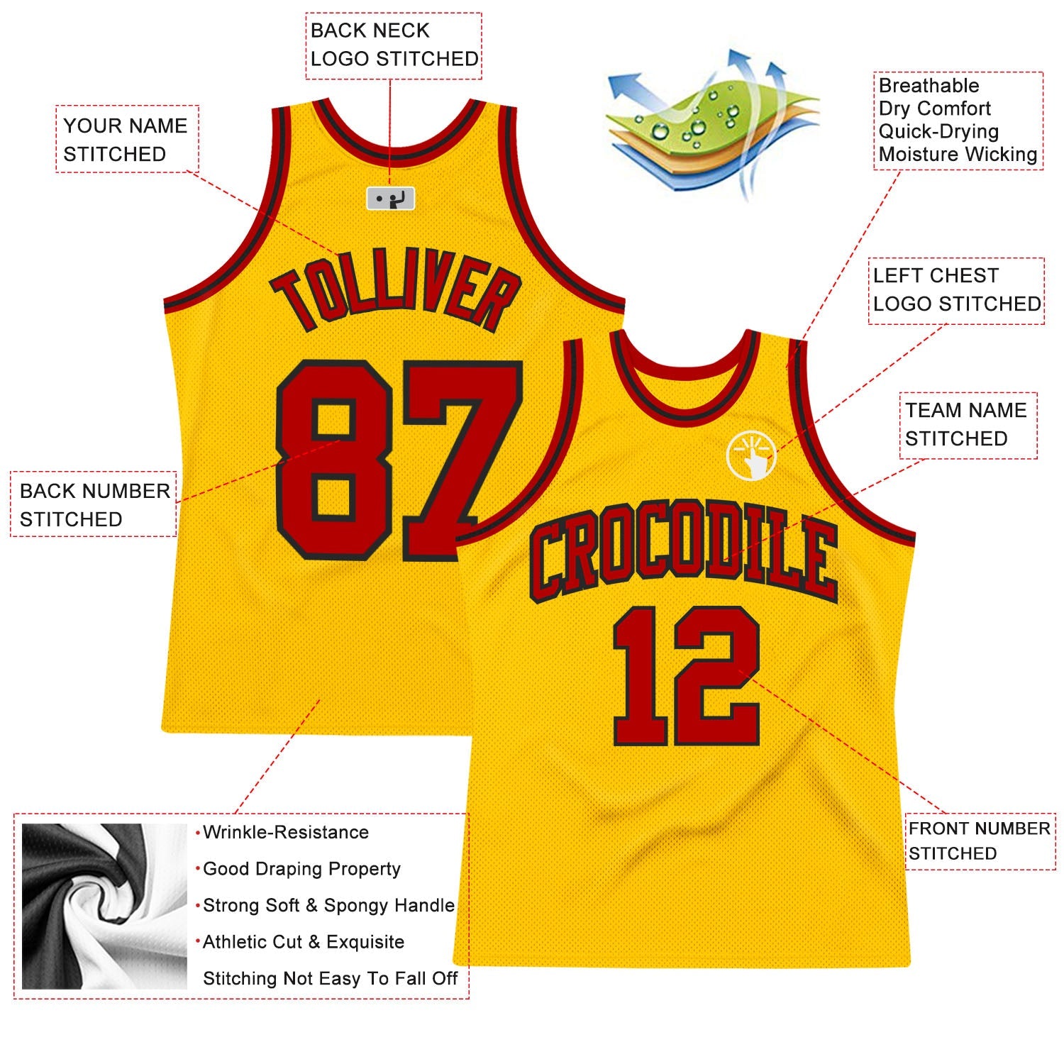 Custom Gold Red-Black Authentic Throwback Basketball Jersey view 2