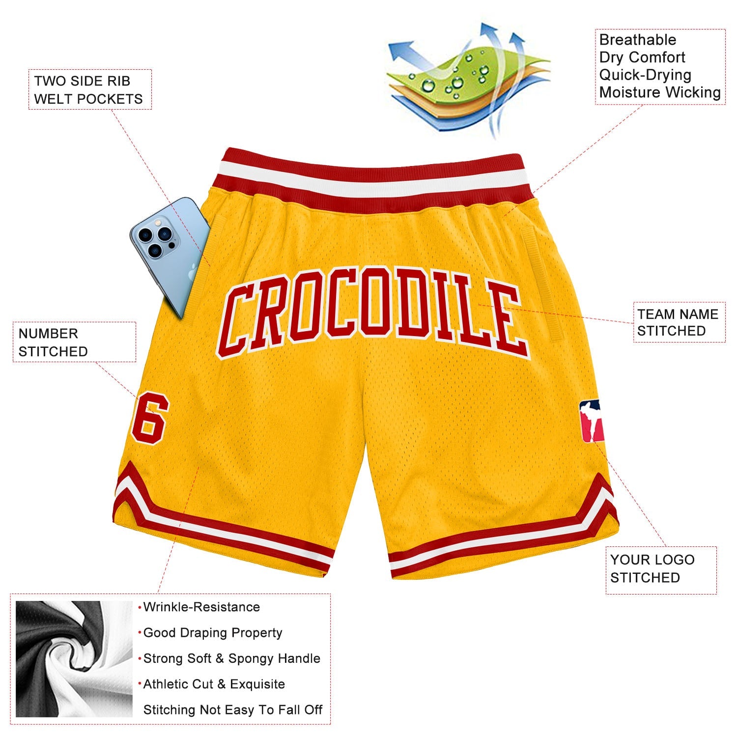 Custom Gold Red-White Authentic Throwback Basketball Shorts view 2