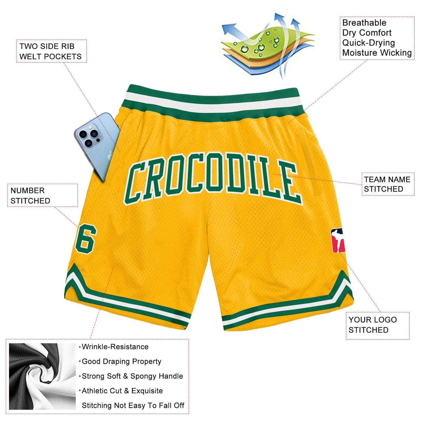 Custom Gold Kelly Green-White Authentic Throwback Basketball Shorts view 2