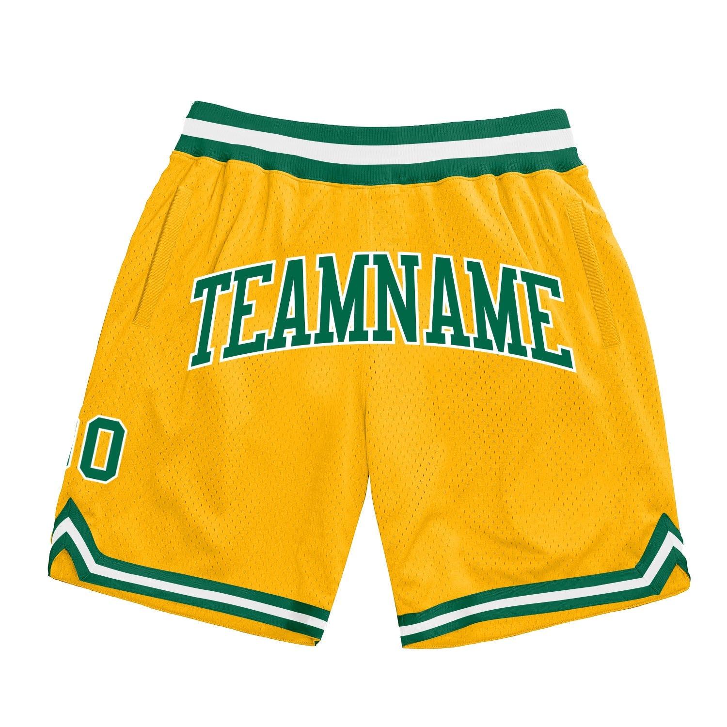 Custom Gold Kelly Green-White Authentic Throwback Basketball Shorts - Main View