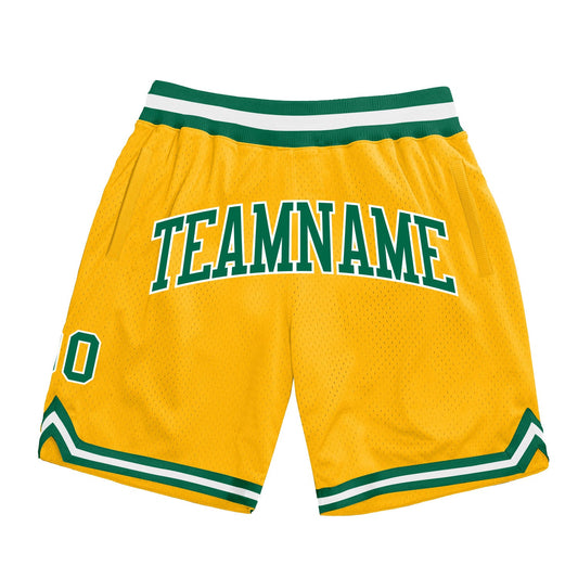 Custom Gold Kelly Green-White Authentic Throwback Basketball Shorts - Main View