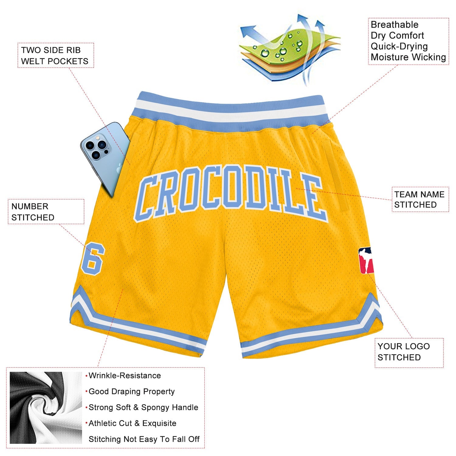 Custom Gold Light Blue-White Authentic Throwback Basketball Shorts view 2