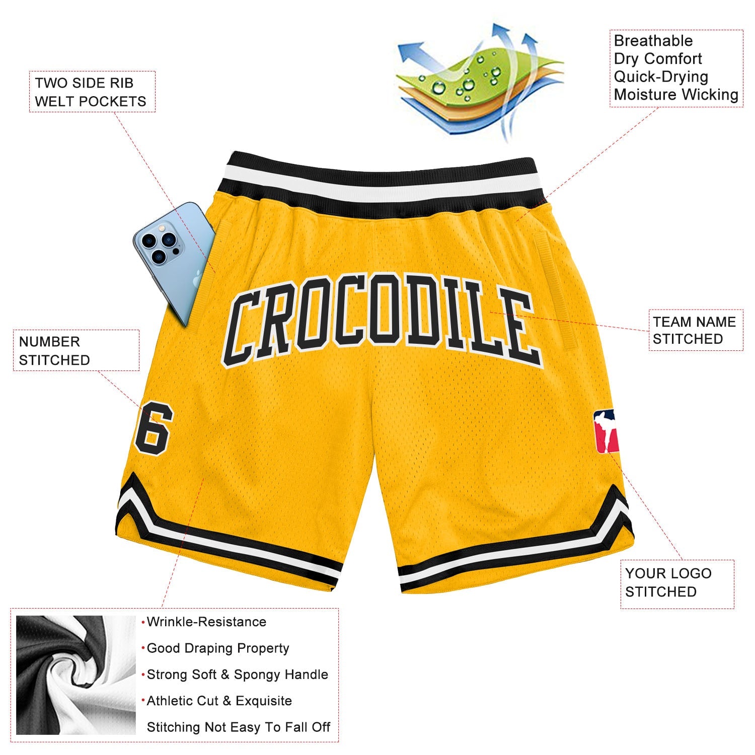 Custom Gold Black-White Authentic Throwback Basketball Shorts view 2