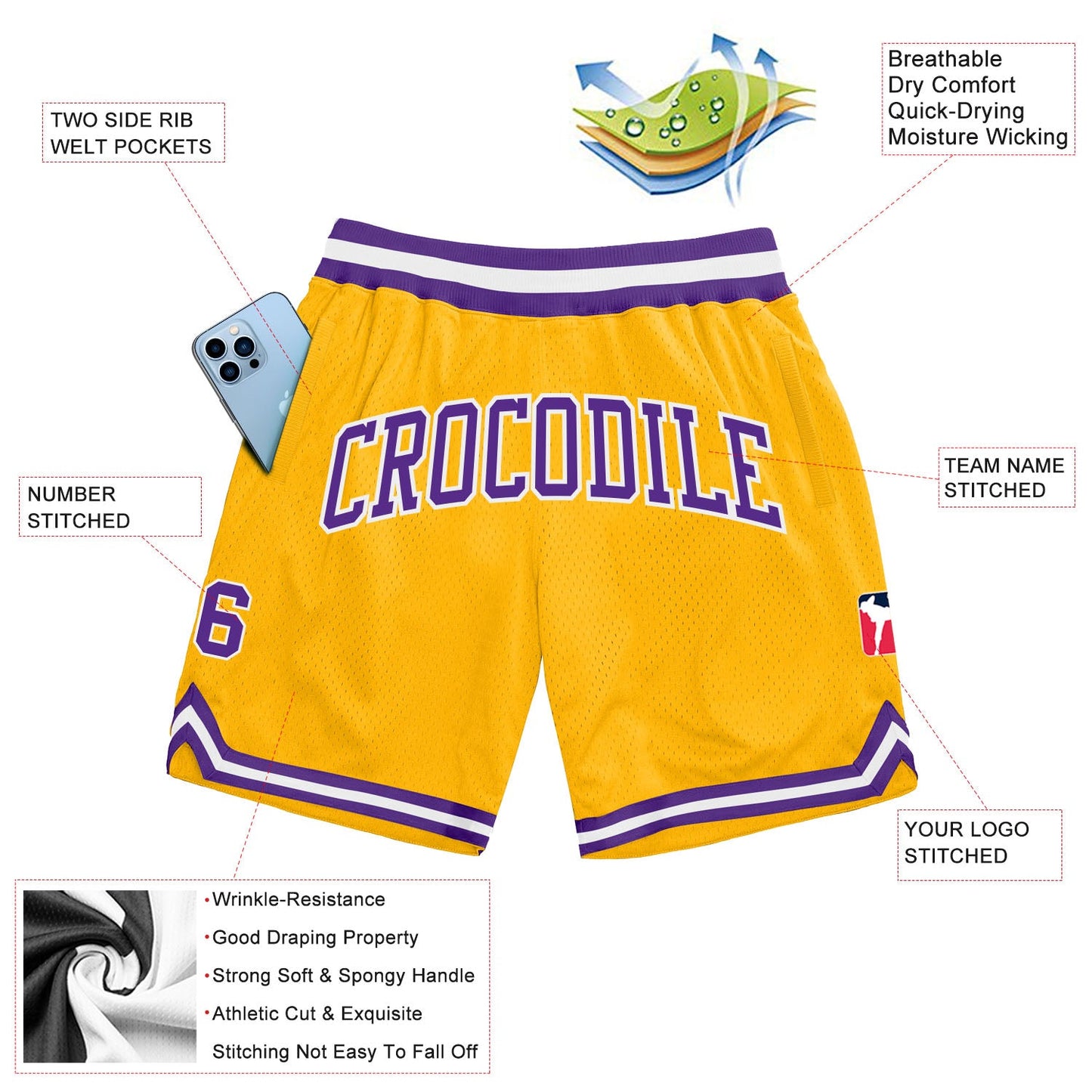 Custom Gold Purple-White Authentic Throwback Basketball Shorts view 2