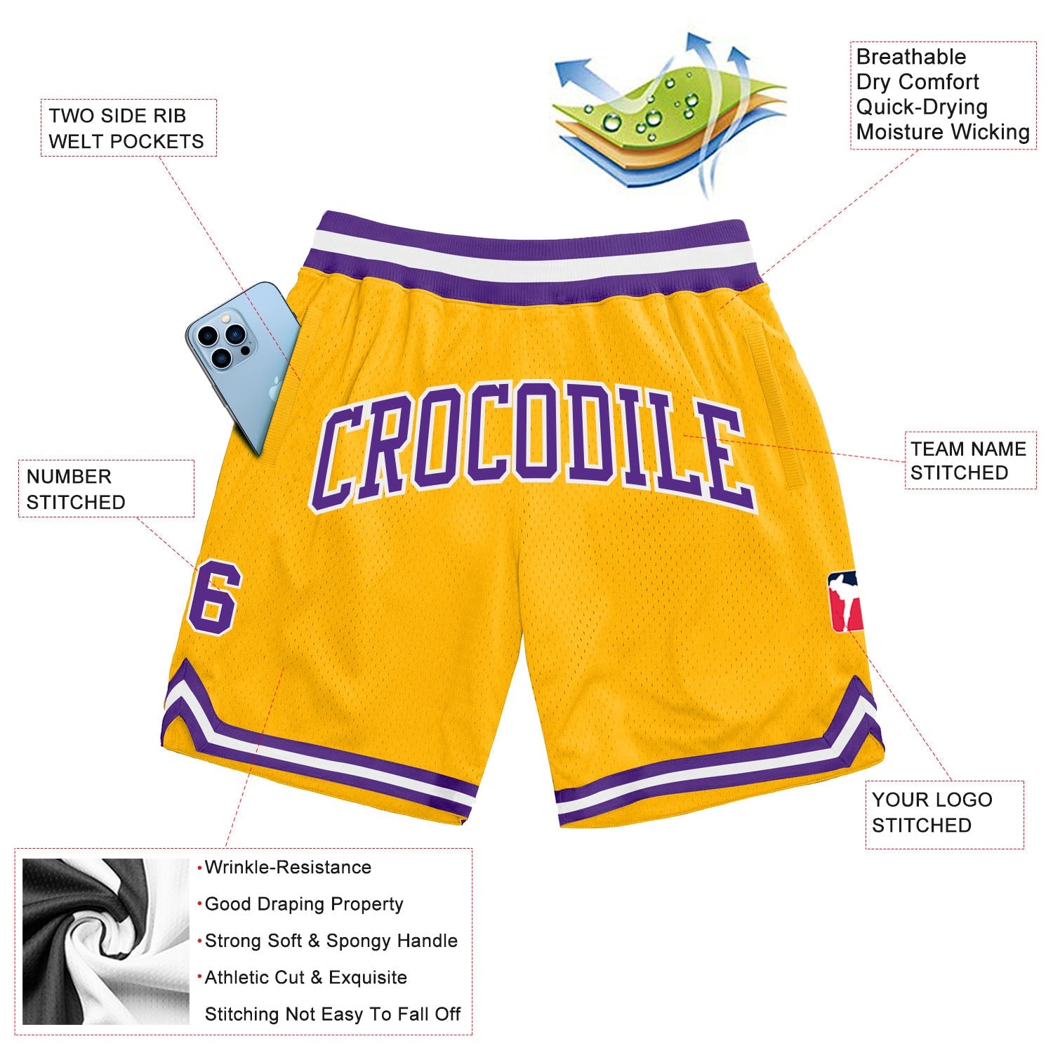 Custom Gold Purple-White Authentic Throwback Basketball Shorts view 2