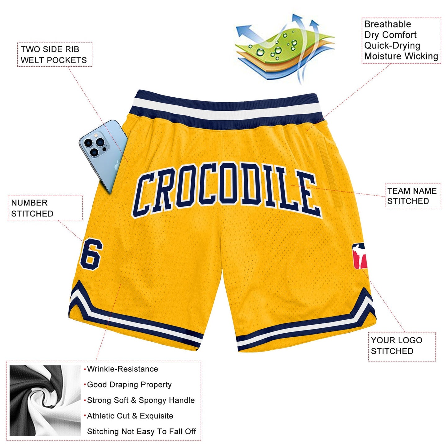 Custom Gold Navy-White Authentic Throwback Basketball Shorts view 2