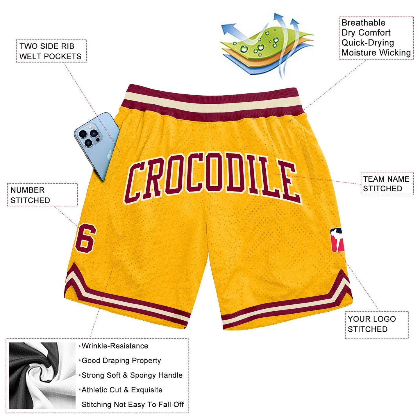 Custom Gold Maroon-Cream Authentic Throwback Basketball Shorts view 2