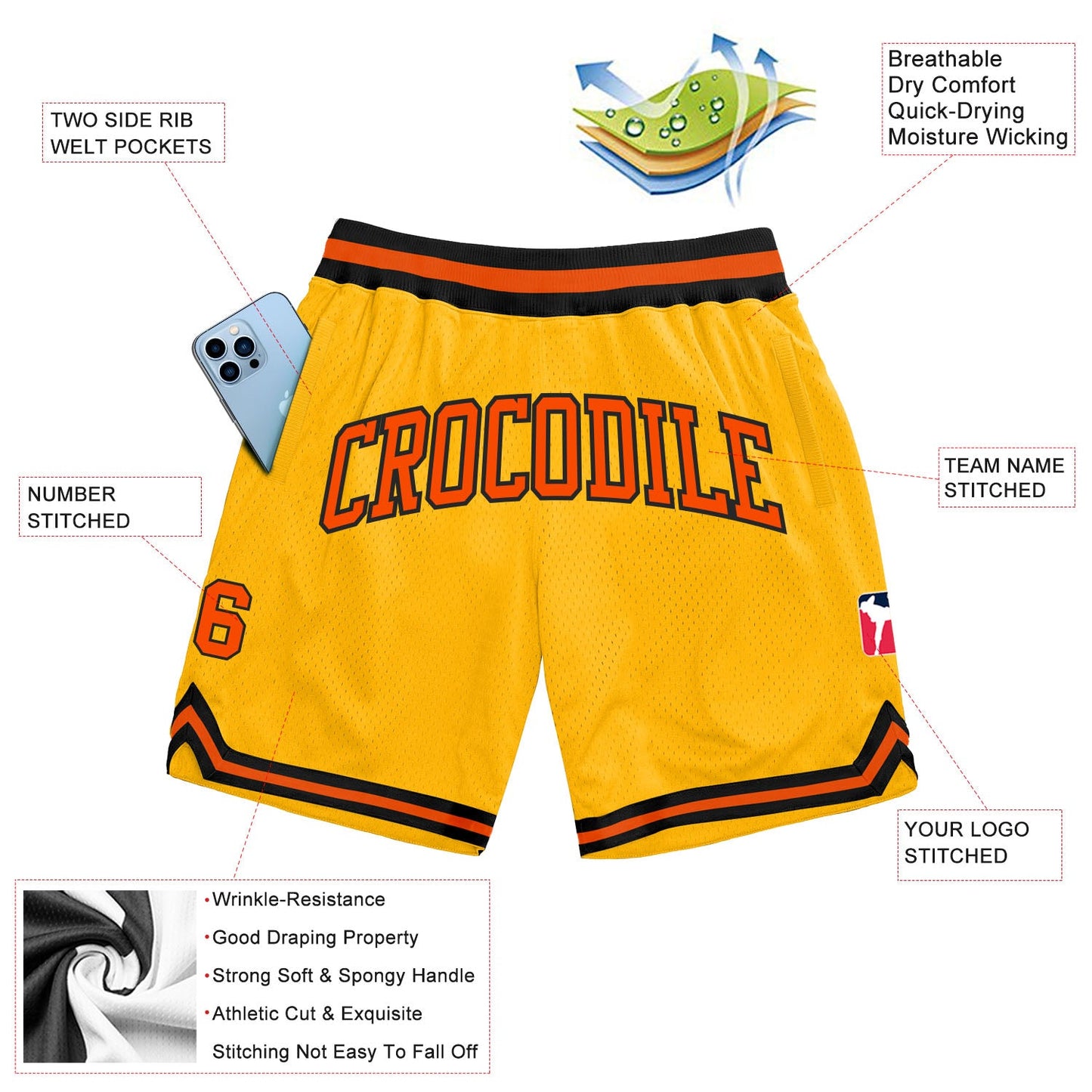 Custom Gold Orange-Black Authentic Throwback Basketball Shorts view 2