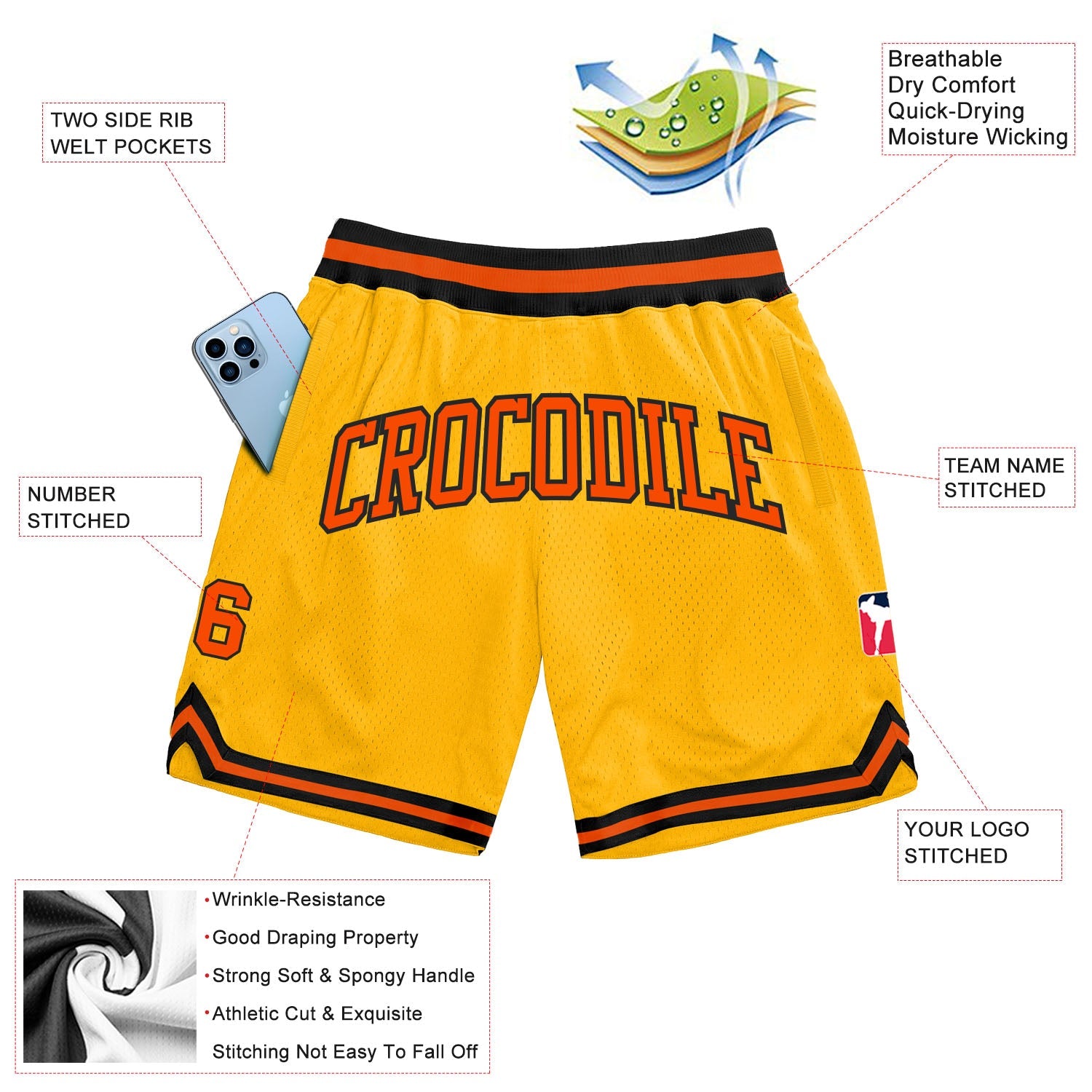Custom Gold Orange-Black Authentic Throwback Basketball Shorts view 2
