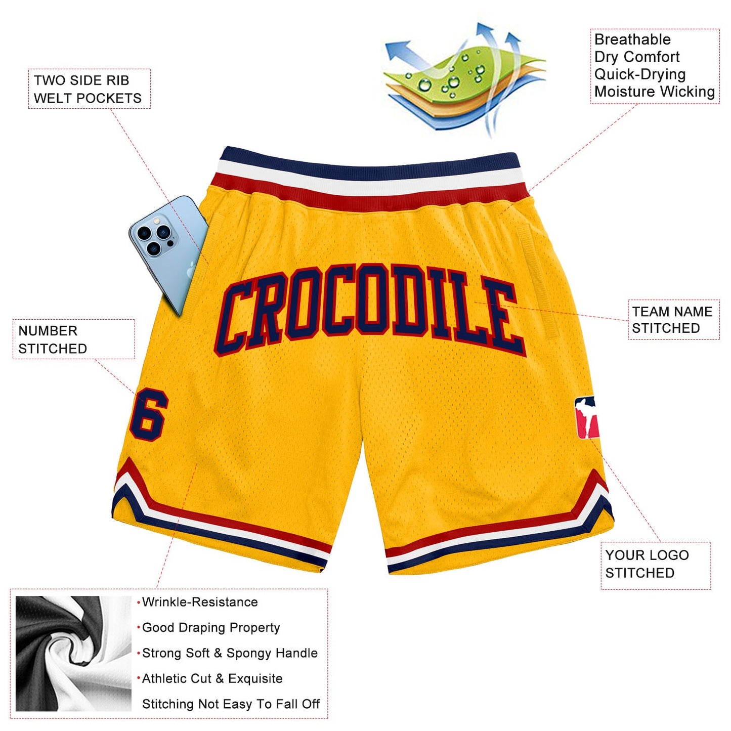Custom Gold Navy-Red Authentic Throwback Basketball Shorts view 2