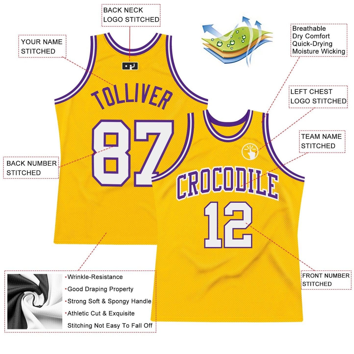 Custom Gold White-Purple Authentic Throwback Basketball Jersey view 3