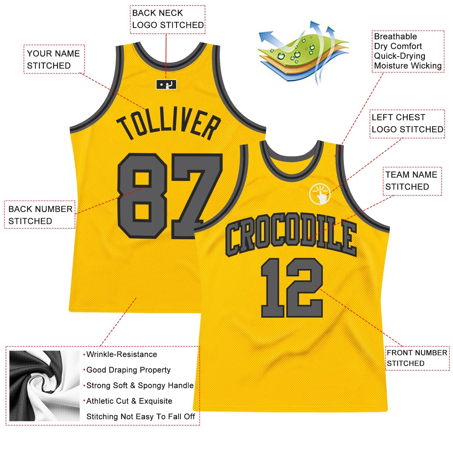Custom Gold Steel Gray-Black Authentic Throwback Basketball Jersey view 2