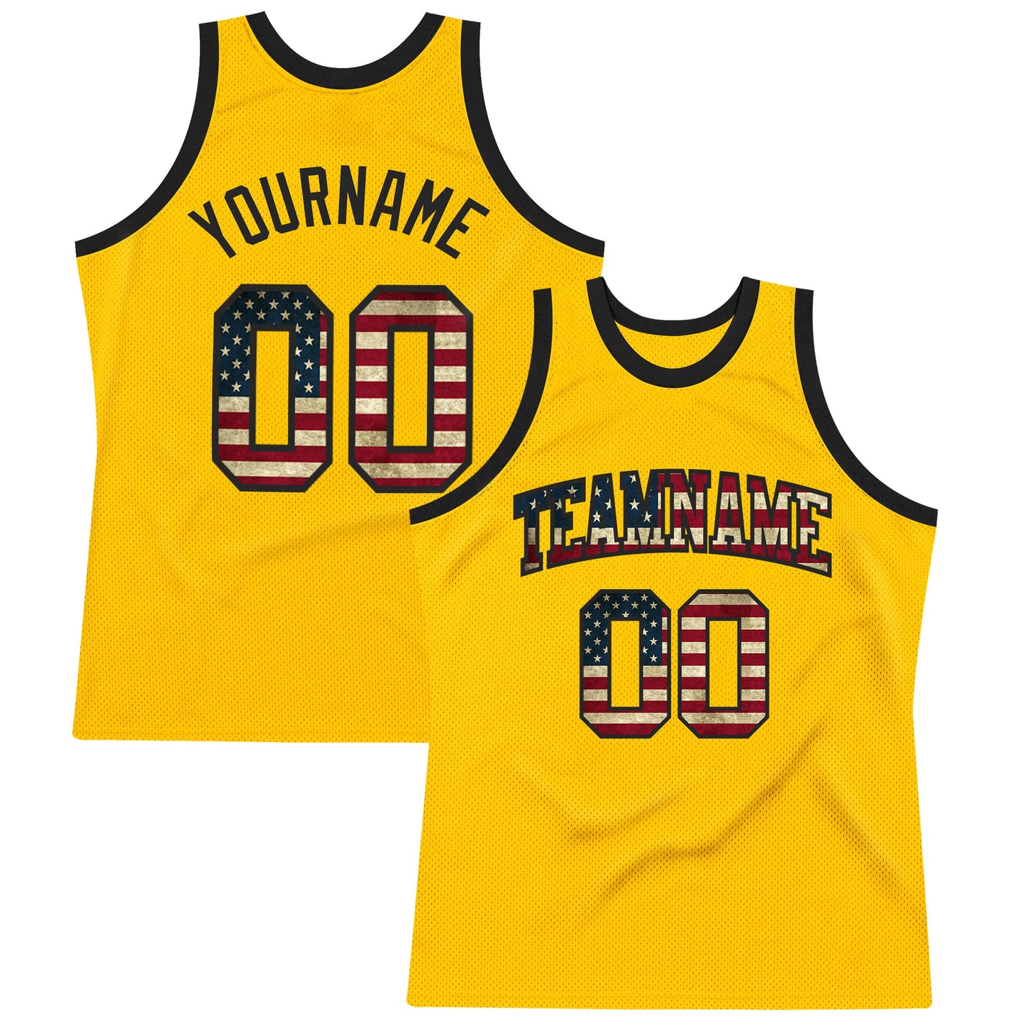 Custom Gold Vintage USA Flag-Black Authentic Throwback Basketball Jersey - Main View