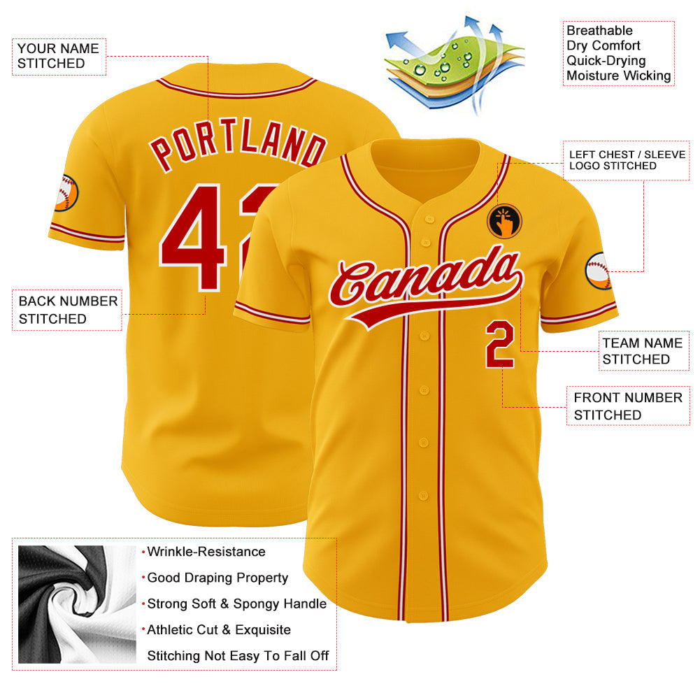 Custom Gold Red-White Authentic Baseball Jersey view 3