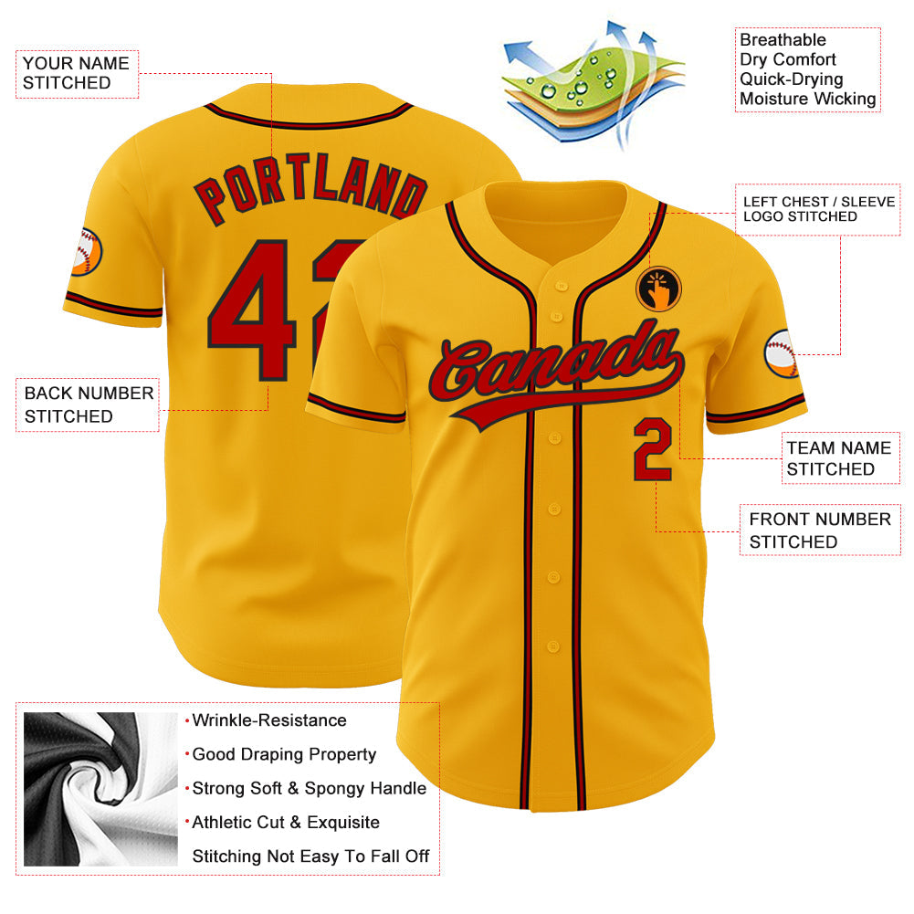 Custom Gold Red-Black Authentic Baseball Jersey view 3
