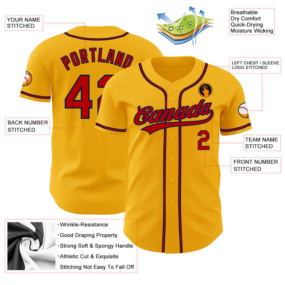 Custom Gold Red-Navy Authentic Baseball Jersey view 3