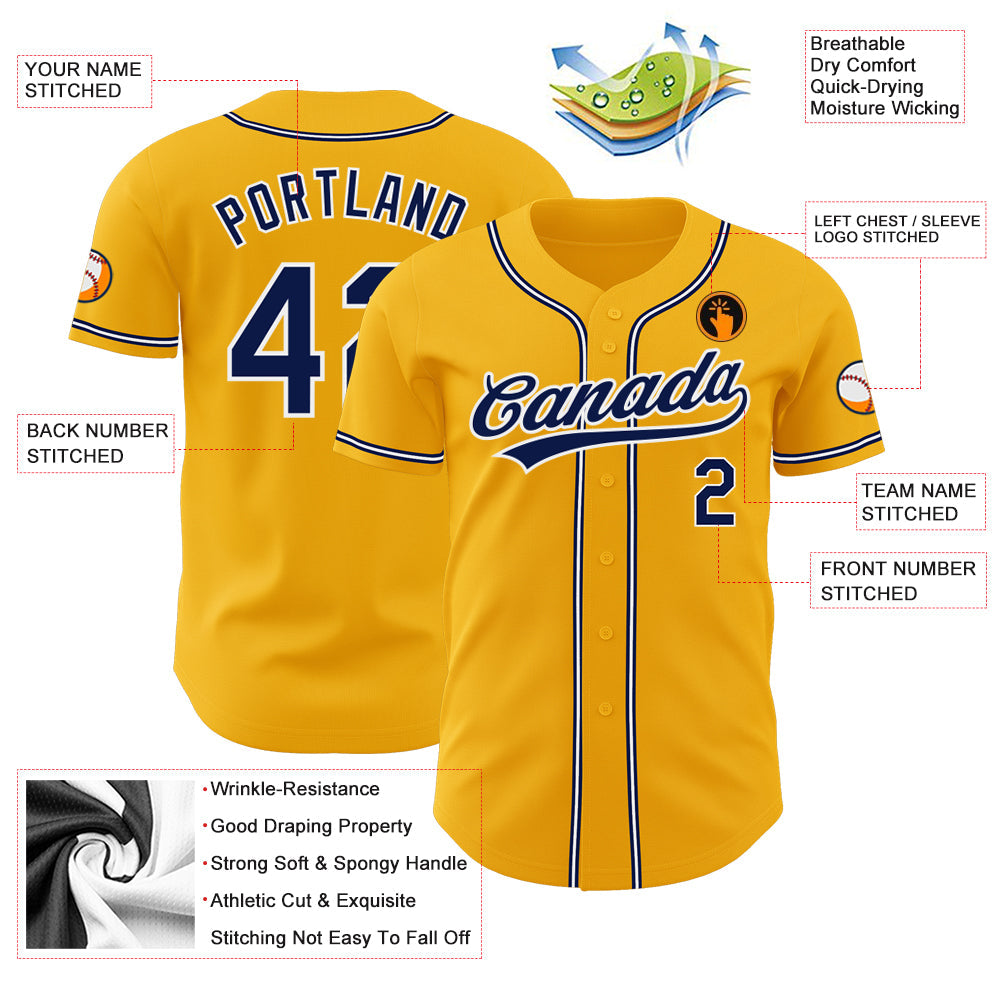 Custom Gold Navy-White Authentic Baseball Jersey view 3
