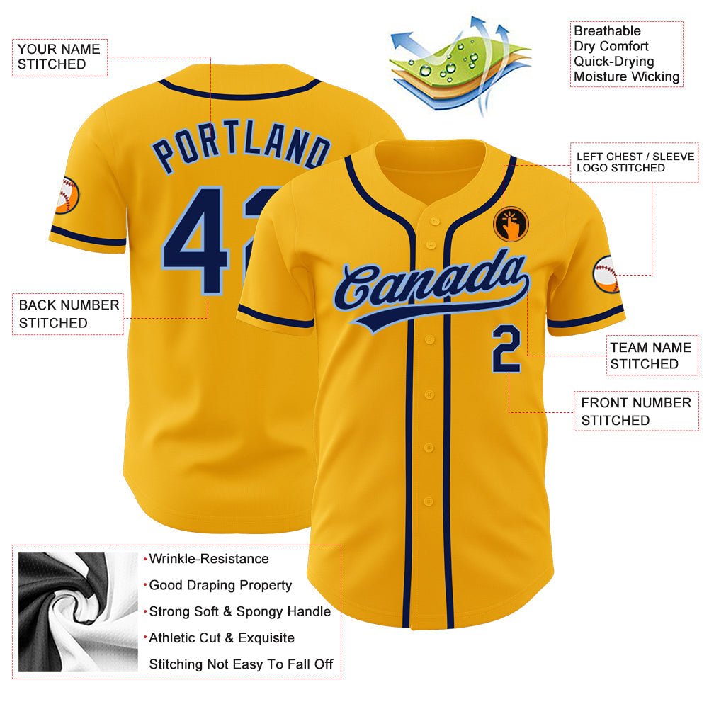 Custom Gold Navy-Light Blue Authentic Baseball Jersey view 3