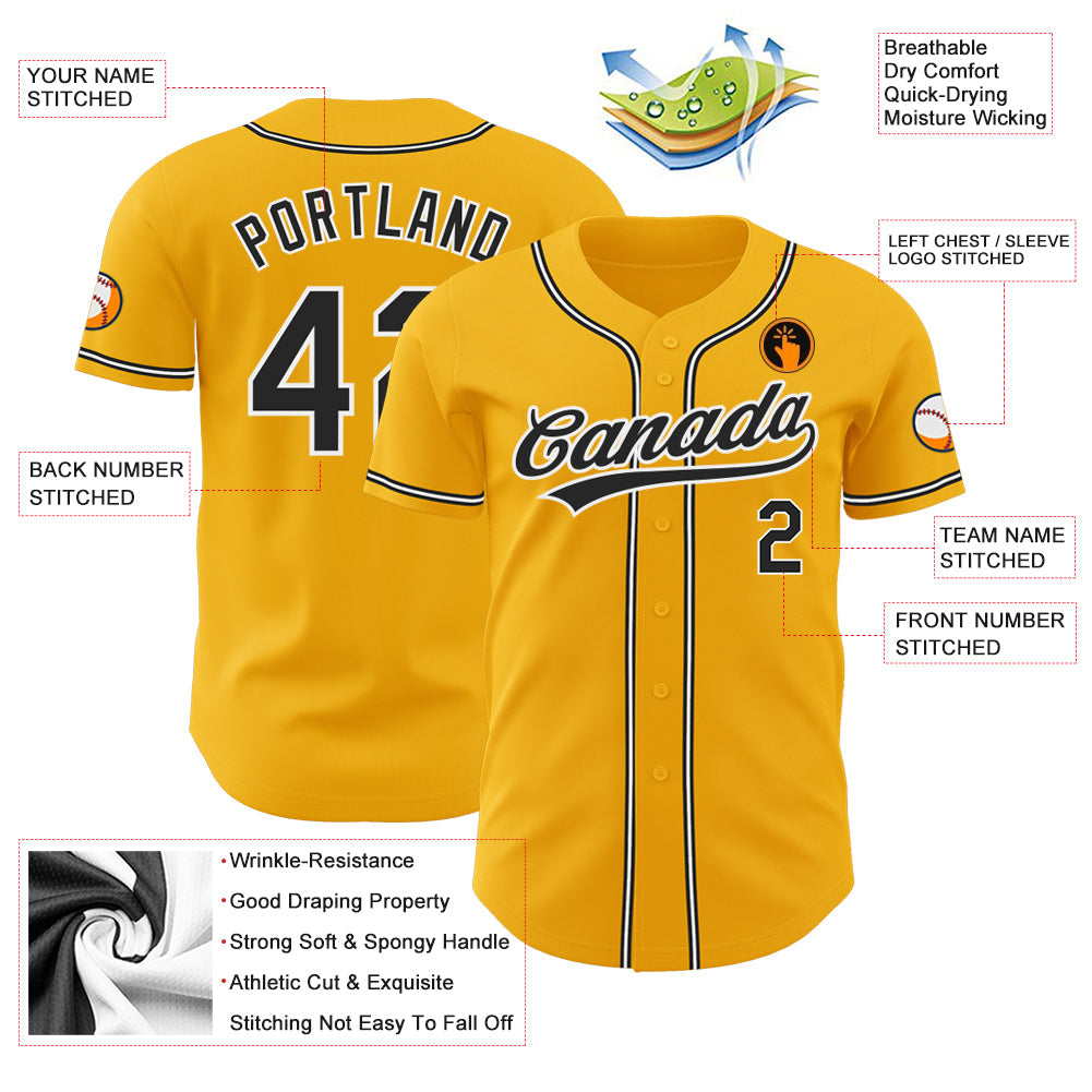 Custom Gold Black-White Authentic Baseball Jersey view 3