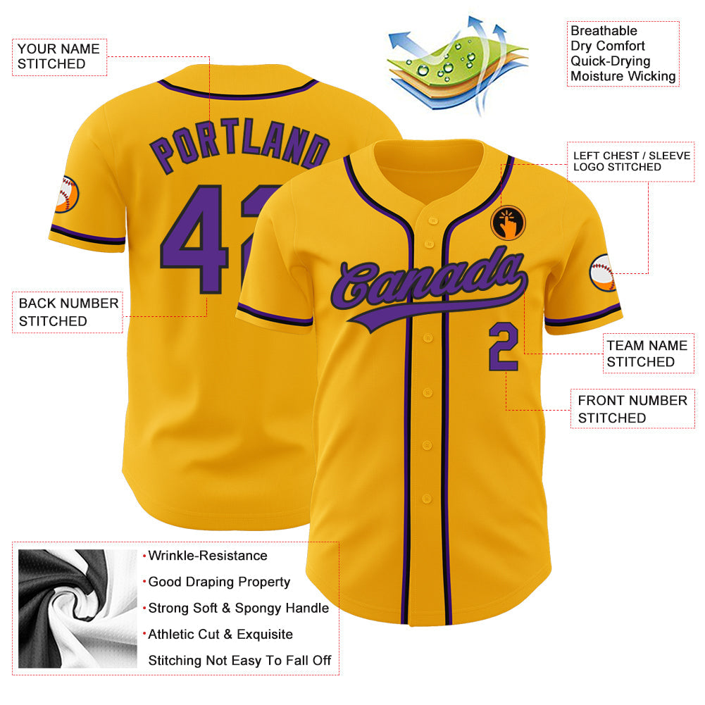 Custom Gold Purple-Black Authentic Baseball Jersey view 3