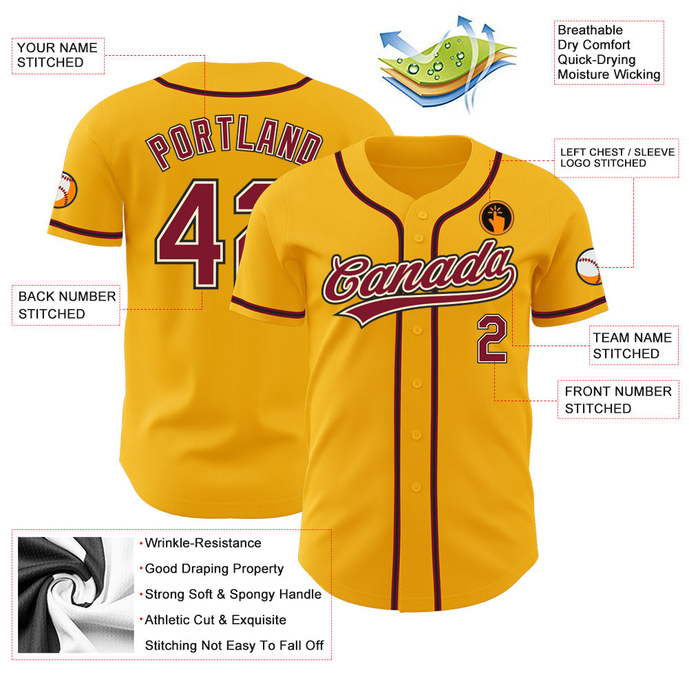 Custom Gold Crimson Cream-Black Authentic Baseball Jersey view 3