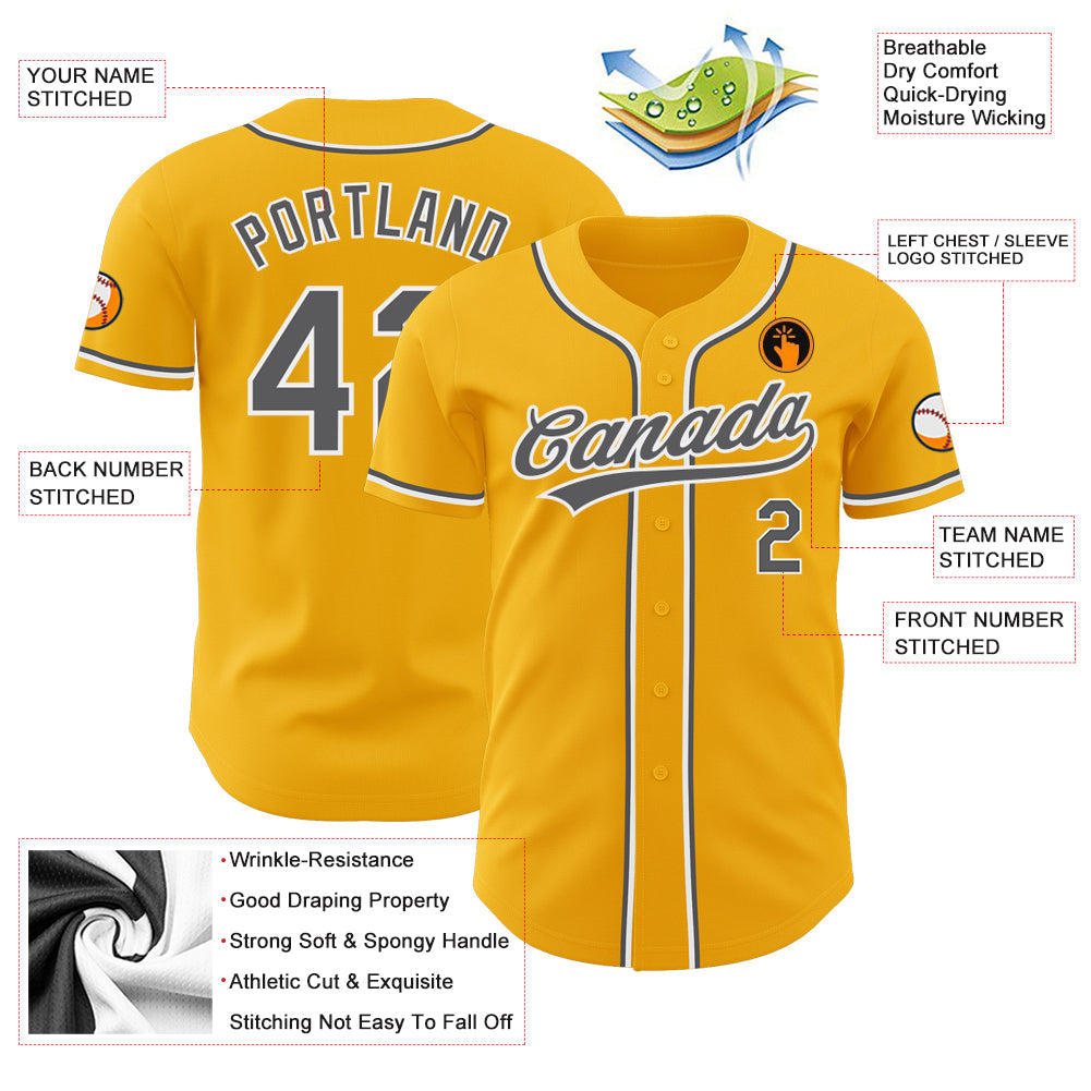 Custom Gold Steel Gray-White Authentic Baseball Jersey view 3