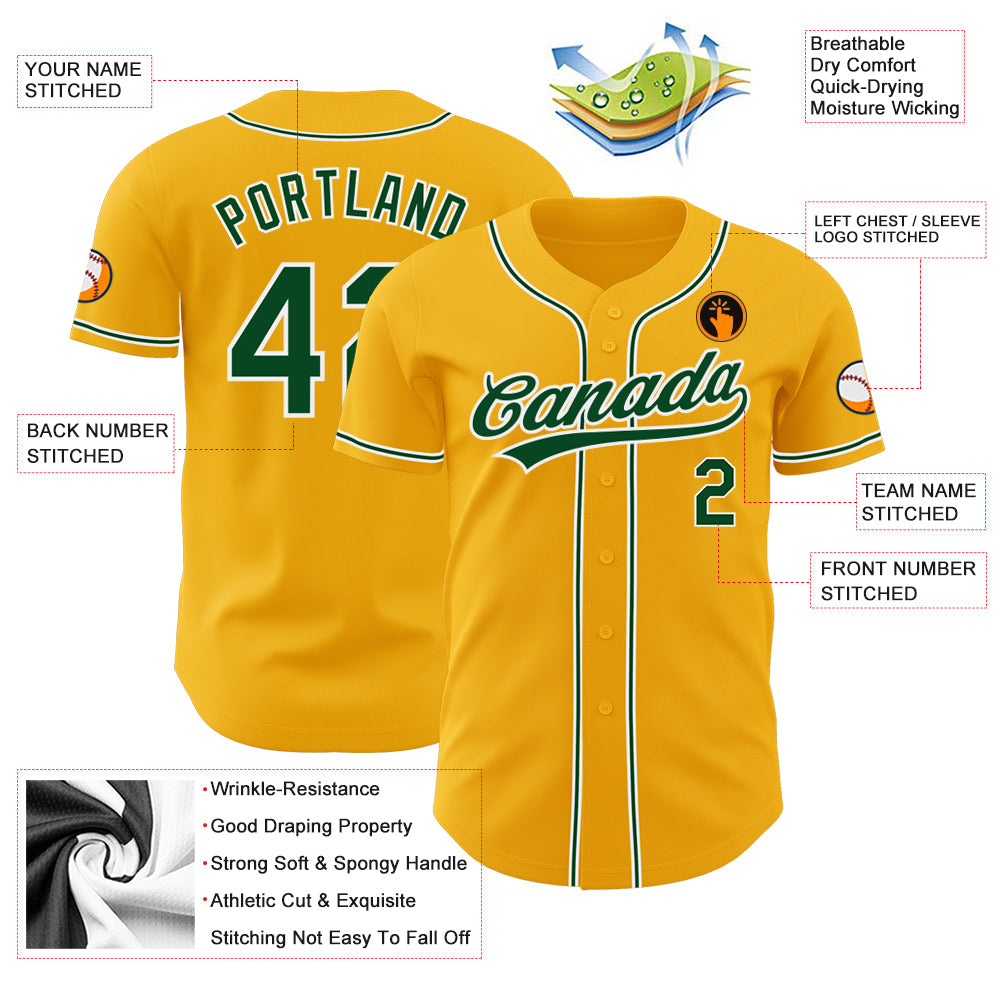 Custom Gold Green-White Authentic Baseball Jersey view 3