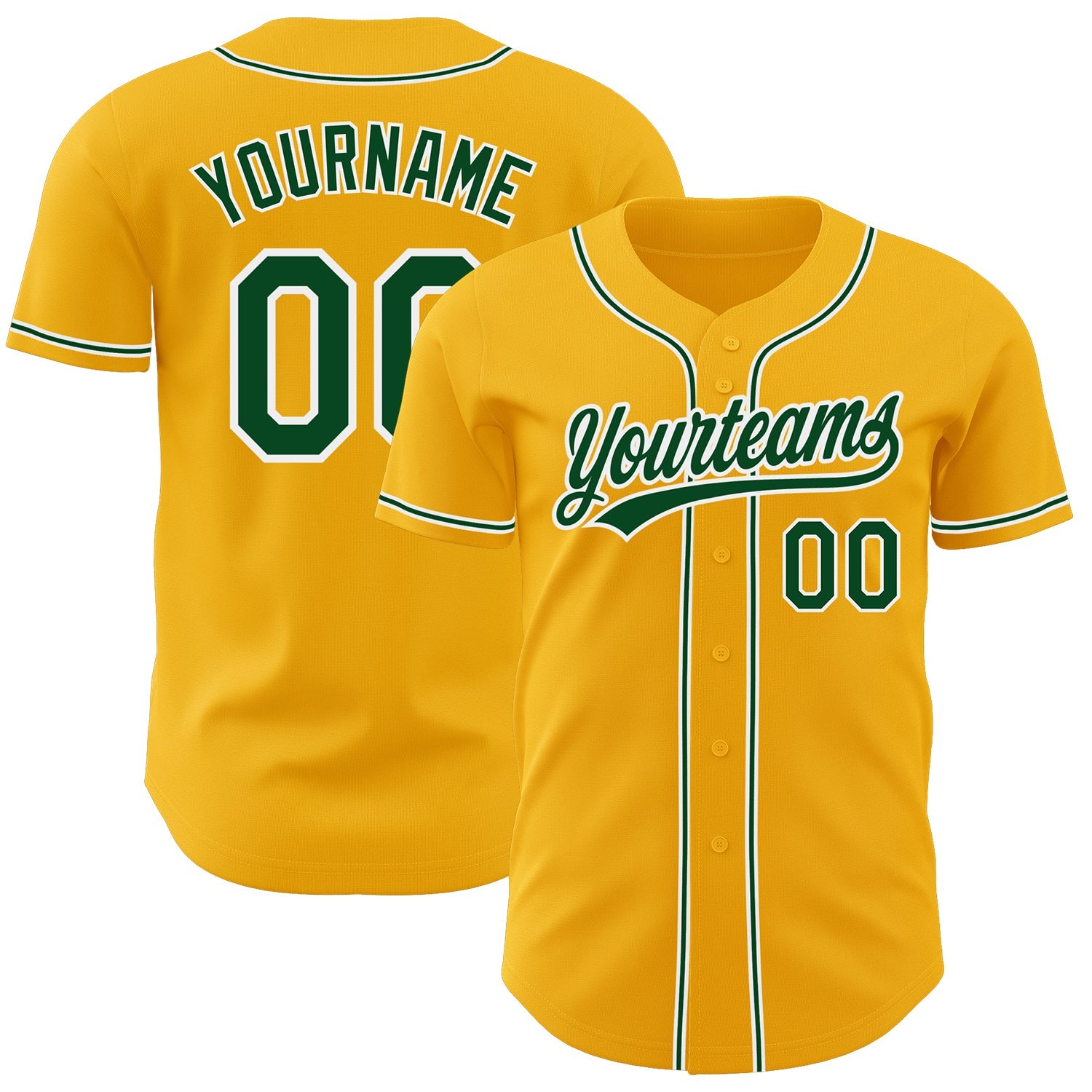 Custom Gold Green-White Authentic Baseball Jersey - Main View