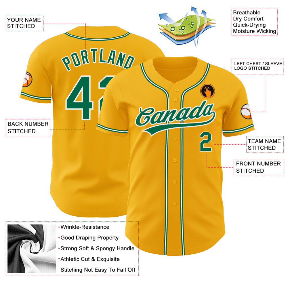 Custom Gold Kelly Green-White Authentic Baseball Jersey view 3