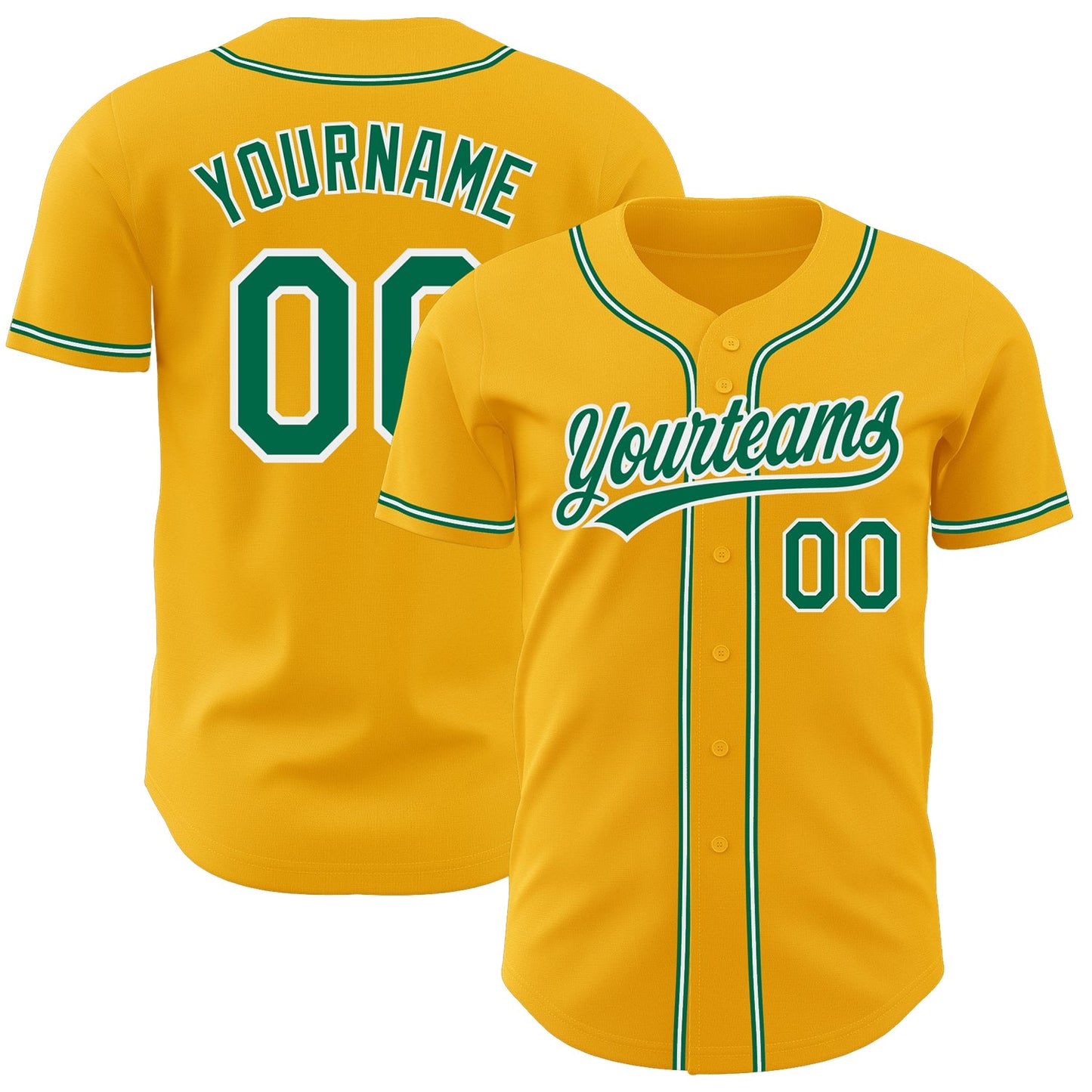 Custom Gold Kelly Green-White Authentic Baseball Jersey - Main View