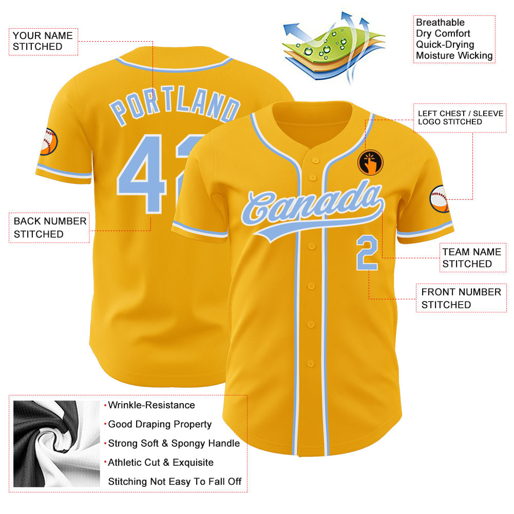 Custom Gold Light Blue-White Authentic Baseball Jersey view 3