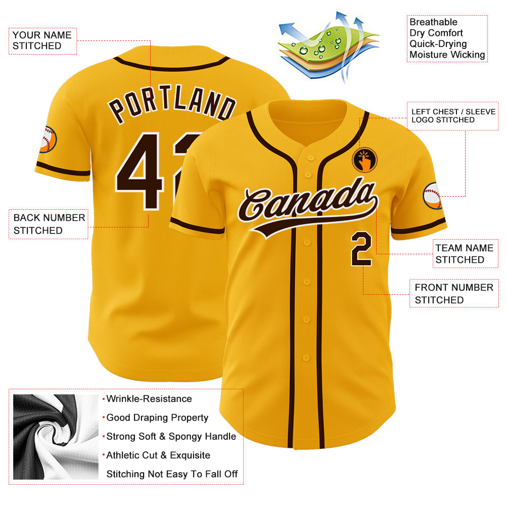 Custom Gold Brown-White Authentic Baseball Jersey view 3