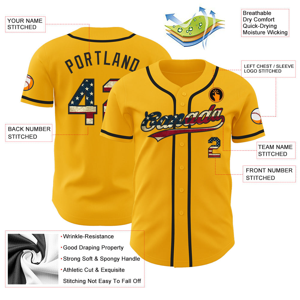 Custom Gold Vintage USA Flag-Black Authentic Baseball Jersey view 3