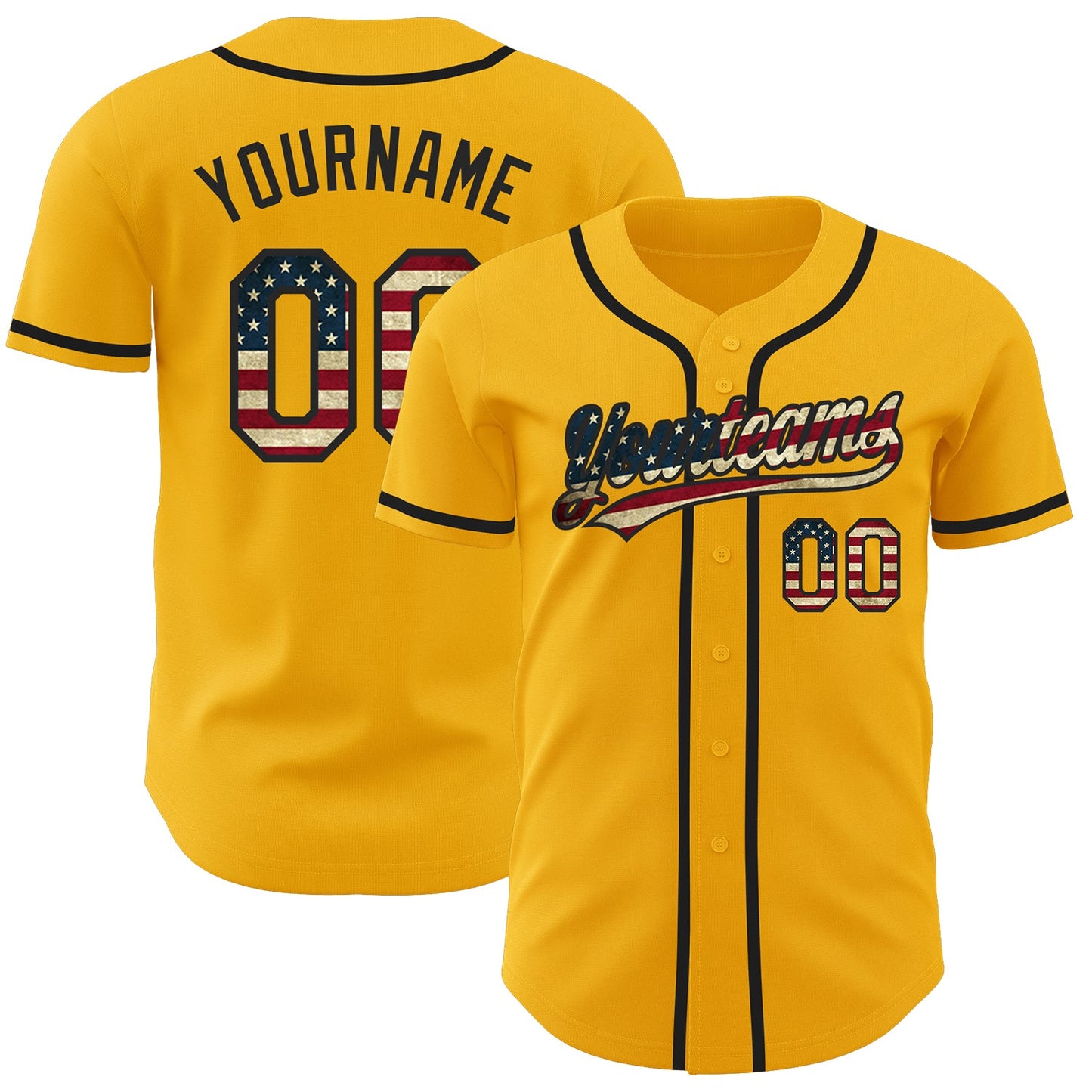 Custom Gold Vintage USA Flag-Black Authentic Baseball Jersey - Main View