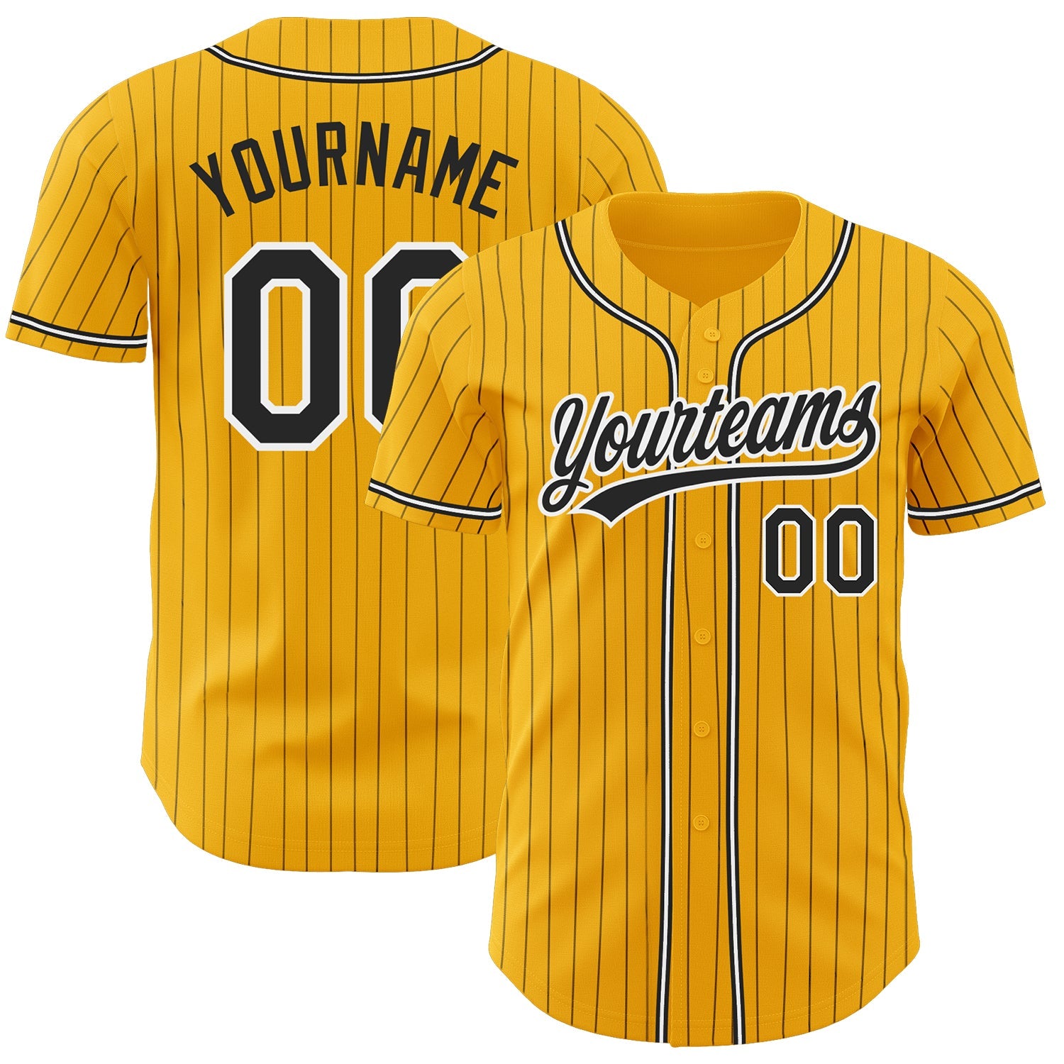 Custom Gold Black Pinstripe Black-White Authentic Baseball Jersey - Main View
