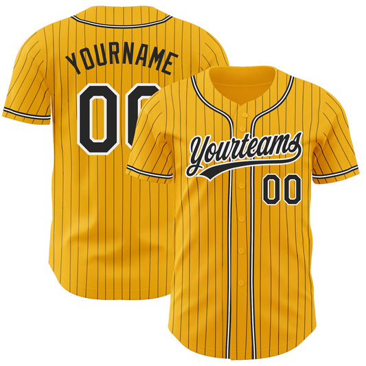 Custom Gold Black Pinstripe Black-White Authentic Baseball Jersey - Main View
