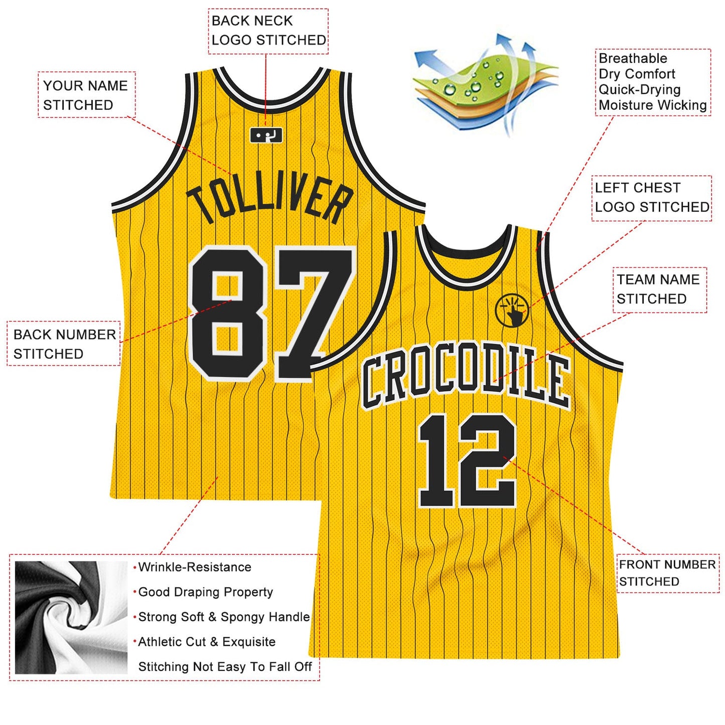 Custom Gold Black Pinstripe Black-White Authentic Basketball Jersey view 2