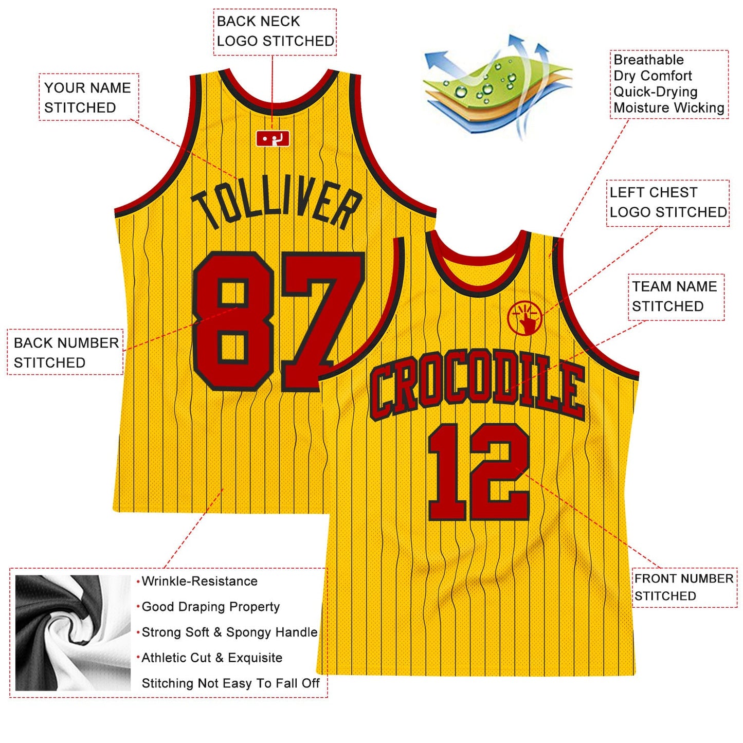Custom Gold Black Pinstripe Red Authentic Basketball Jersey view 2